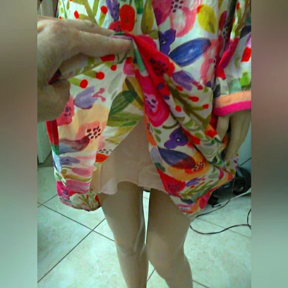 BOUTIQUE MEGA FLORAL Dress (COTTON) BRIGHT PUFF SLV. LINED BOXY SZ. LG GORGEOUS - Picture 6 of 9